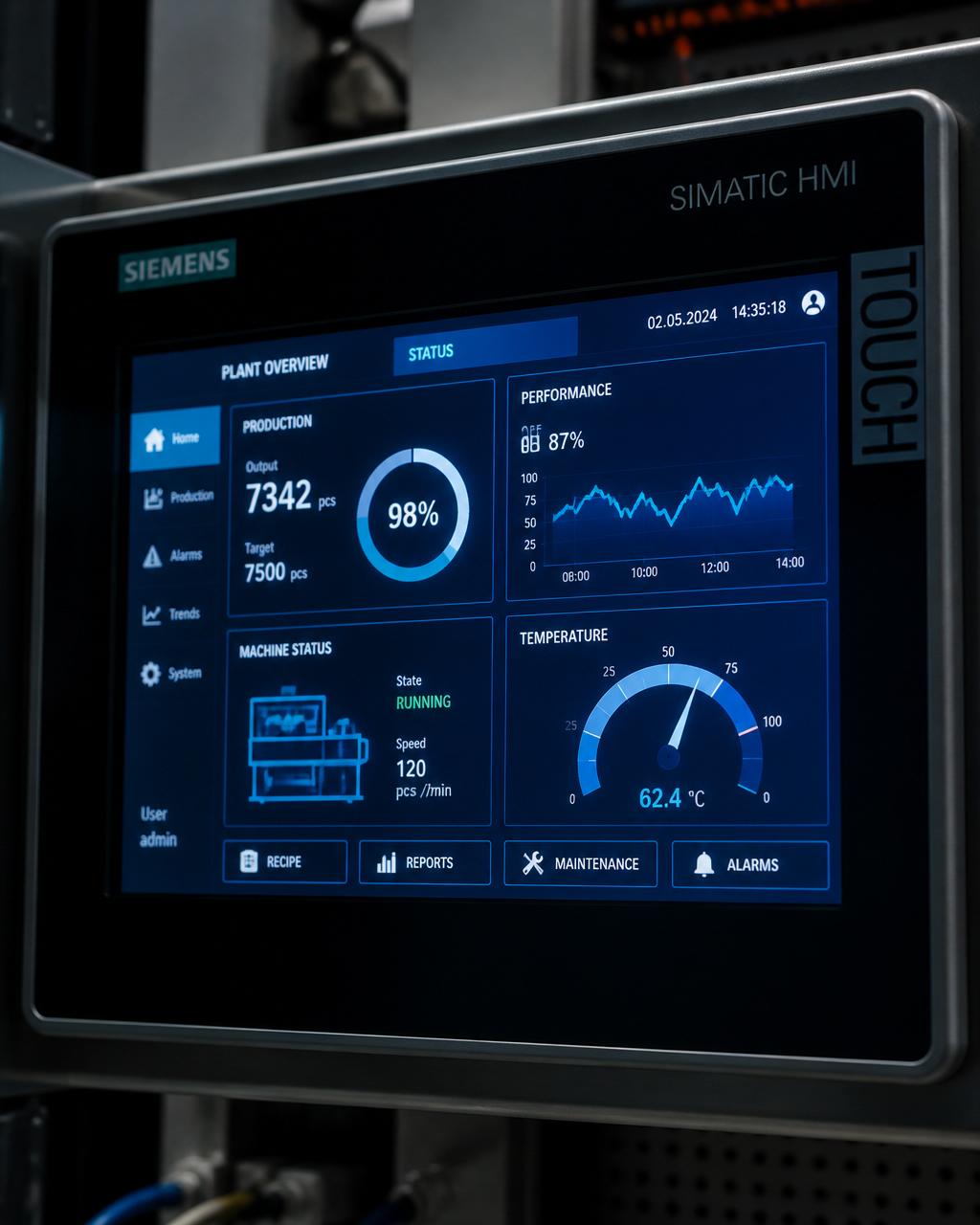 SIMATIC HMI touch panel showing a plant SCADA dashboard