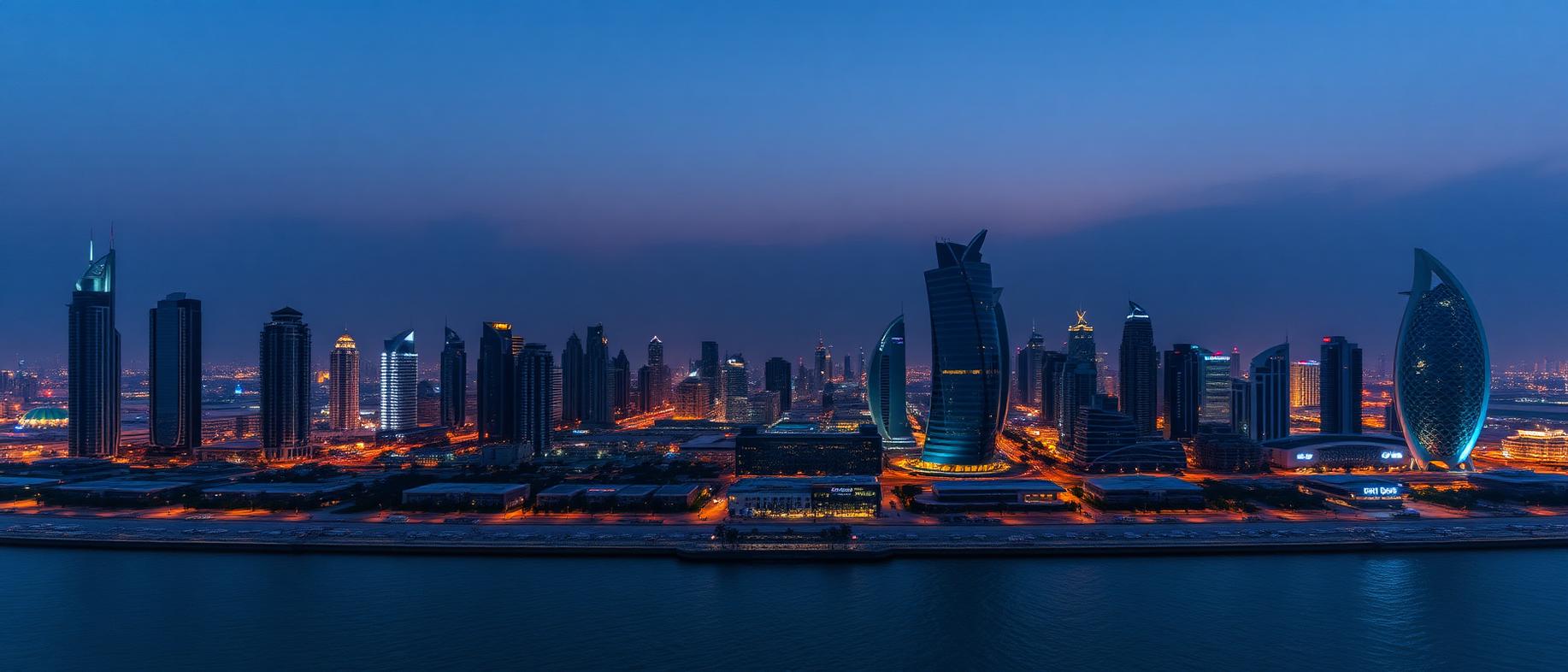 Abu Dhabi skyline at dusk along the Corniche waterfront