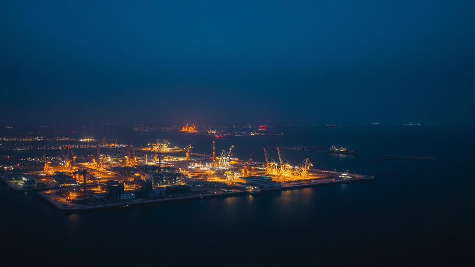 Dammam industrial port and skyline at dusk